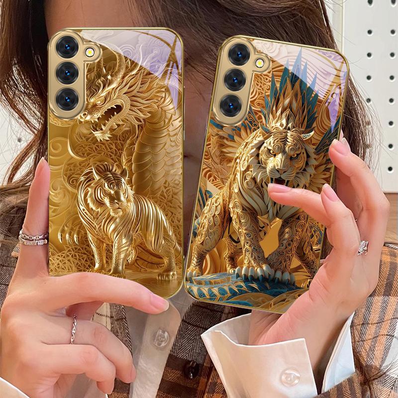 Fantasy Golden Beast For Samsung Galaxy S20 FE S21 S22 S23 Plus S24 Ultra 25Ultra S21+ S9+ S22Plus Golden Glass Phone Case