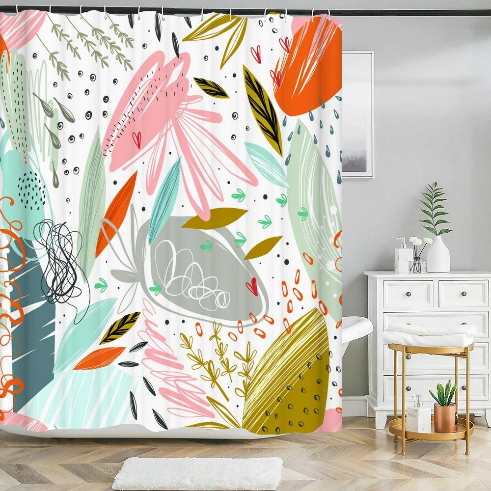 Nordic Style Abstract Art leaves Shower Curtain Waterproof Polyester Bath Curtain Morandi Color Block Curtain For Bathroom Decor