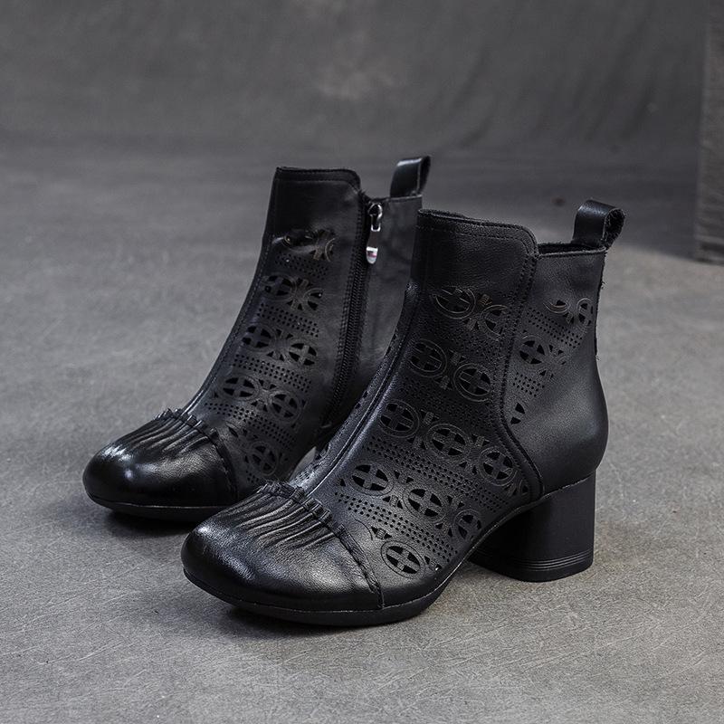 

Fashion GKITINOO 2025 Summer New Commuter Thick Heel Genuine Leather Hollow-out Breathable Short Boots Vintage Women s Shoes 225