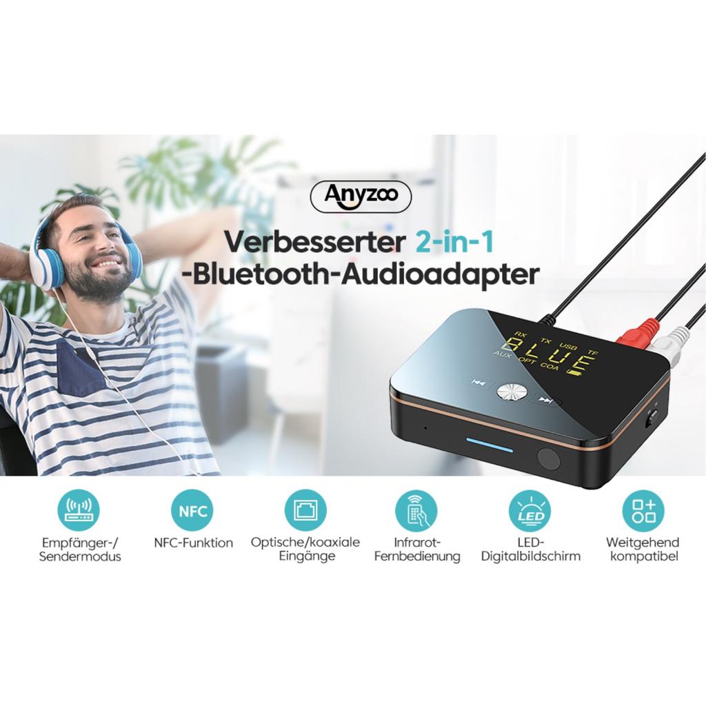 2-i-1 Bluetooth-sändaremottagare för TV Laptop Stereosystem Hörlurar Högtalare, RCA/AUX-kabel, AptX HD & AptX LL, 10 timmars uppspelningstid