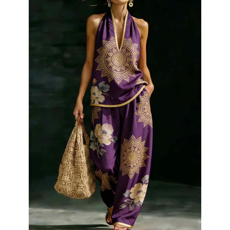 1116 Summer Cool Neck Suit Women's Temperament V-Neck Off-Shoulder Top + High Waist Wide Leg Pants Two-piece Set