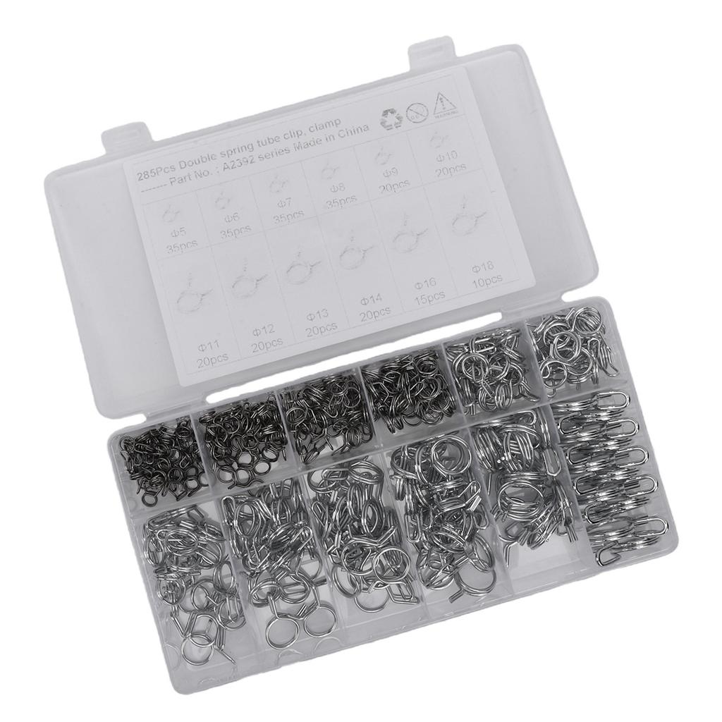 285PCS Double Wire Spring Hose Clamp Stainless Steel Fuel Line Hose Clamps Set for Motorcycle ATV 5 to 14MM
