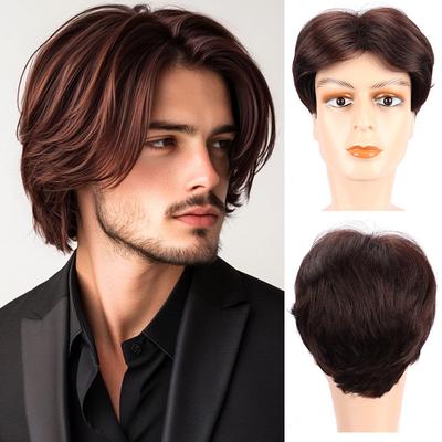Peruci Sintetice Scurte Maro pentru Bărbați Păr Natural Drept Respirabile Ajustabile Perucă Zilnică pentru Bărbați cu Breton Cosplay Petrecere Perucă Masculină