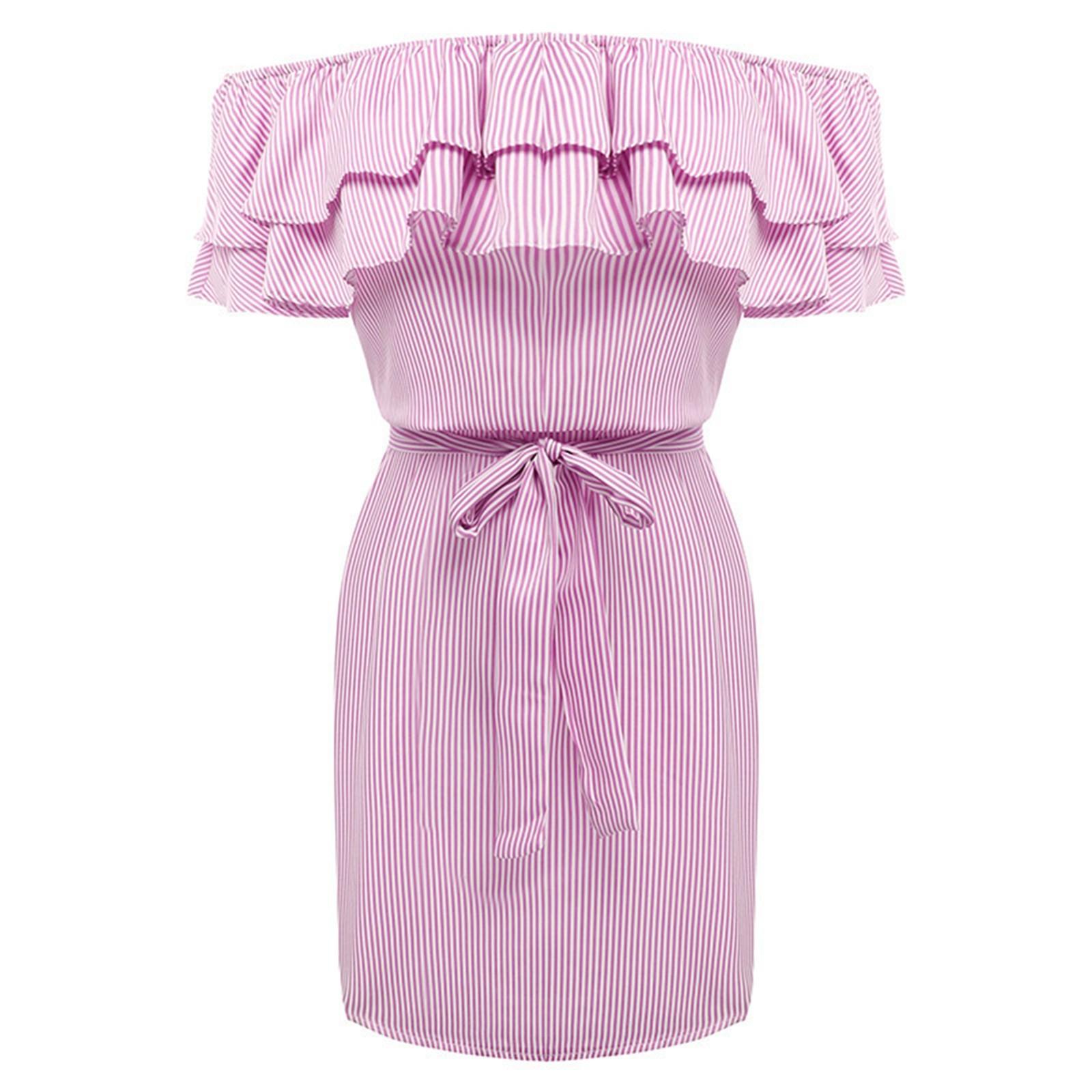 

Fashion Women s Casual Solid Color Striped Strapless Waistband Ruffle Dress M рожевий