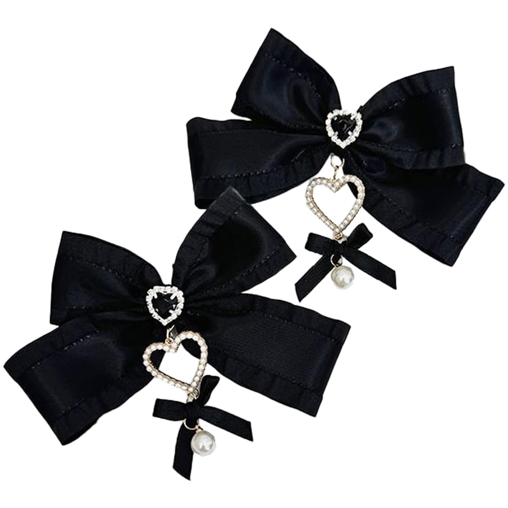 Set of 2 Black Beaded Heart Charm Ribbon Clips, Lolita, Gothic Lolita, Hair Clips, Hairpins, Hair Accessories [Used]