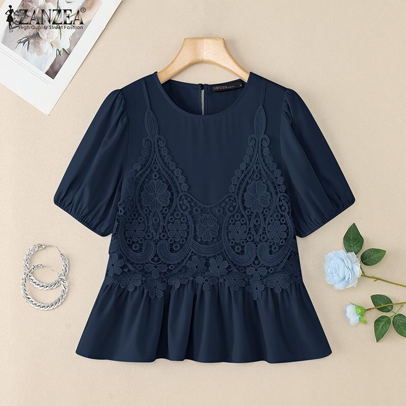 ZANZEA Women Casual Round Neck Crochet Patchwork Summer Short Sleeve T-Shirts