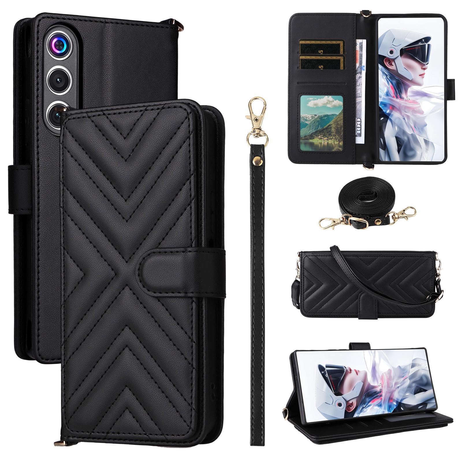 

For ZTE nubia Redmagic 10 Air 5G Case with Shoulder/Wrist Strap Leather Phone Cover Stand Wallet Black