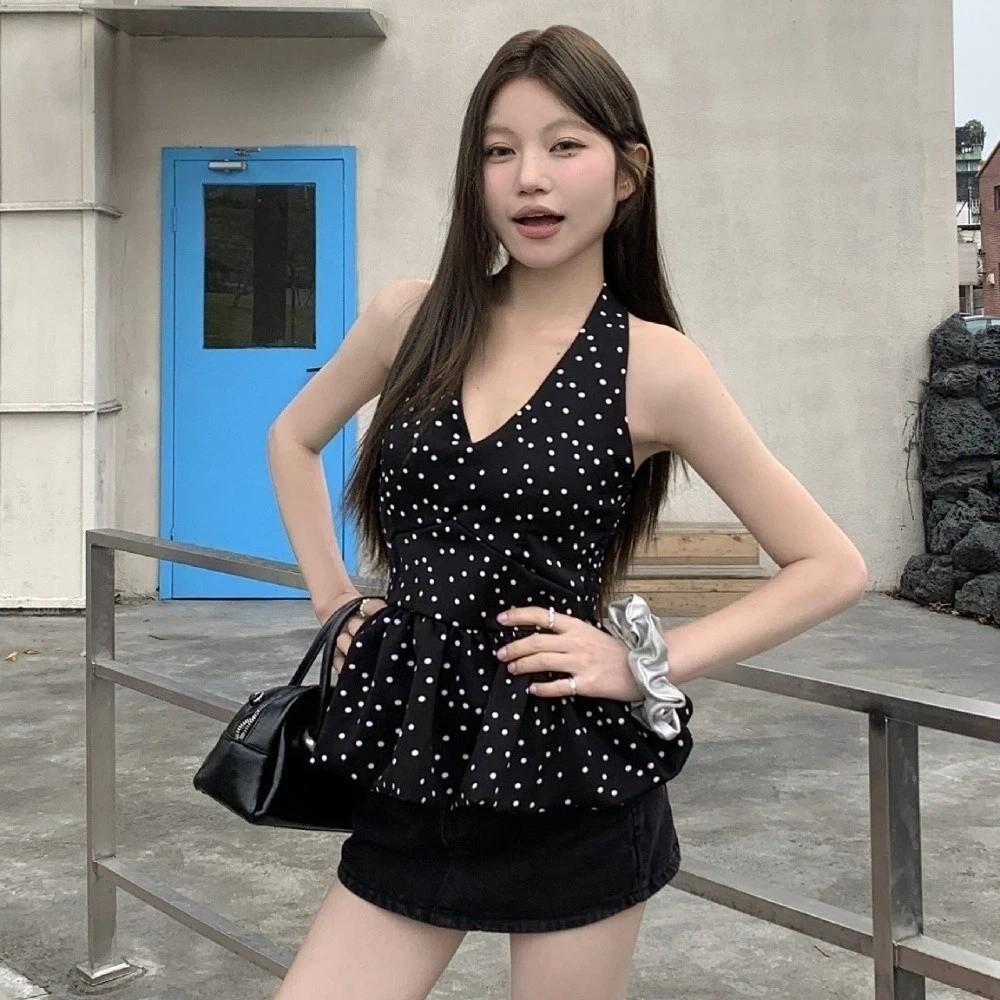 Polka Dot Halter Ruffle Vest Top V-neck Women Camisole Comfortable Sleeveless Crop Top Streetwear