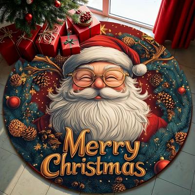 1ks Vánoční kulatý koberec s motivem Santa Clause, vnitřní protiskluzový pratelný vláknitý koberec, měkká pohodlná podložka do ložnice, obývacího pokoje