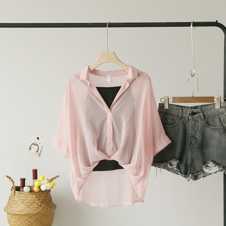 

Комплект из двух предметов Топы Шифоновые рубашки Летний рукав до локтя Свободный V-образный вырез Женская блузка Повседневная Сексуальная Рубашка оверсайз в полоску OneSize розовый