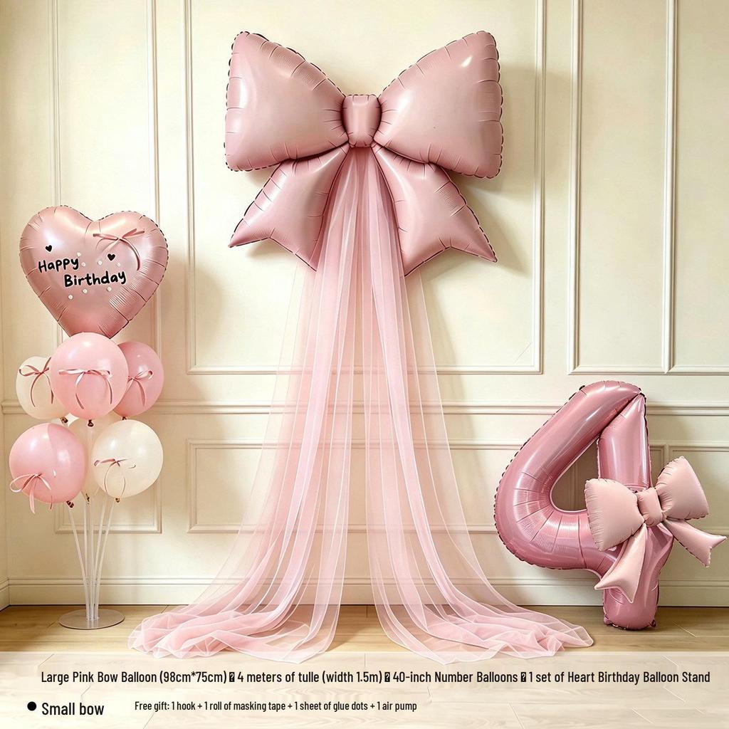 Girls' 5th & 6th Birthday Decor Set with Bow, Net Yarn, and Balloons for a Festive Photo Atmosphere