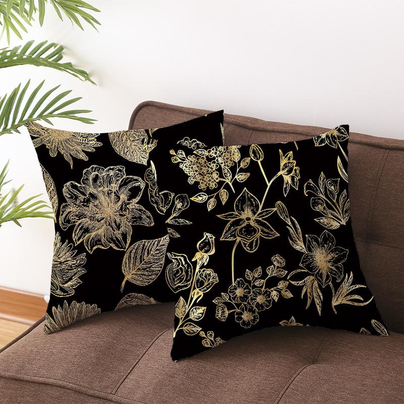 Home Furnishings Black Gold Leaf Print Cushion Cover Office Cushion Cover Waist Pillow Cover