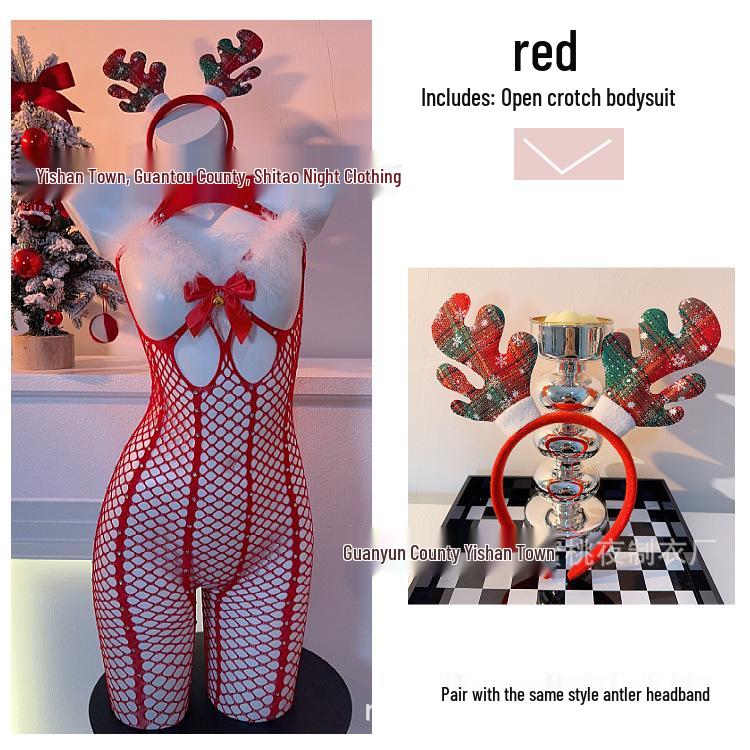 Festive Red Striped Bodystocking with Plush and Hot Drill Accents