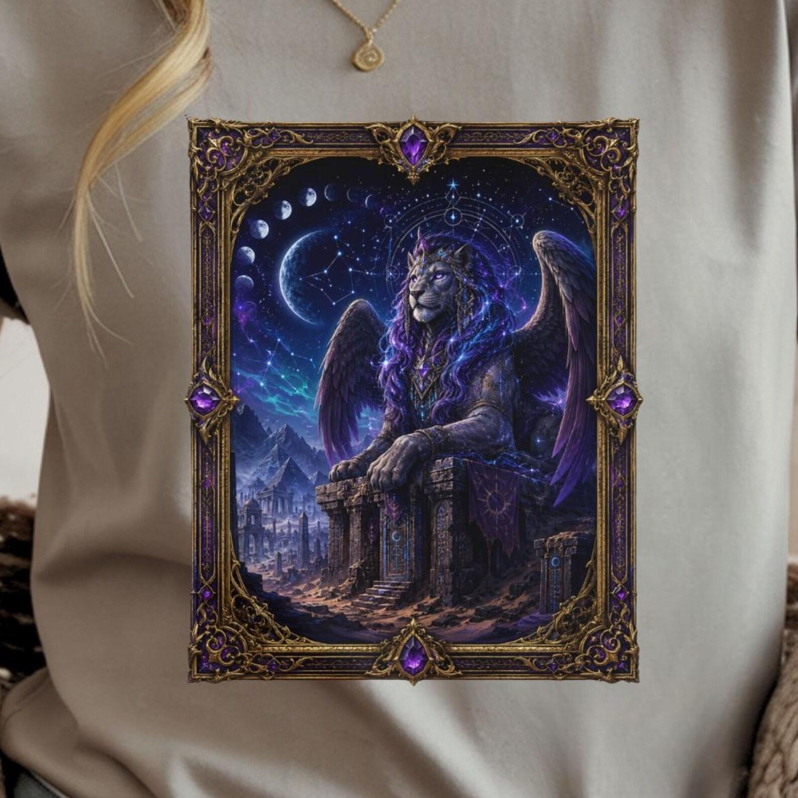 Celestial Sphinx Shirt | Mystic Lion Fantasy Tee | Gothic Astrology Art Shirt S