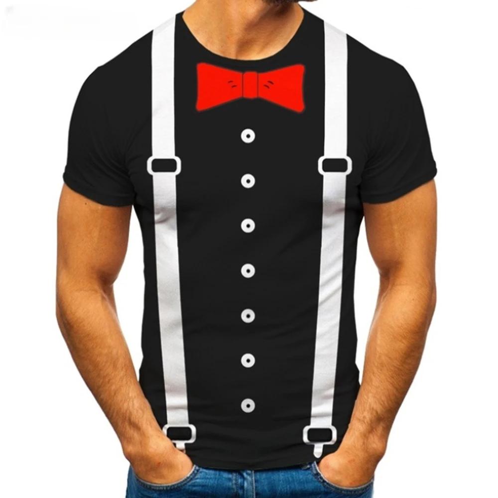 Summer Men's TuxedoRetro Tie Suit Bow Tie 3d Print T-shirt Casual Short-sleeved Street Funny Fake Suit Top
