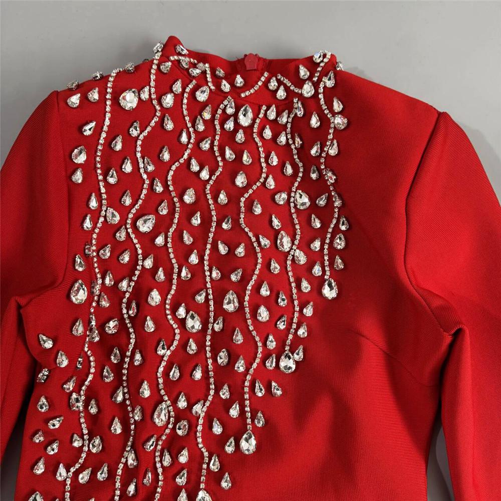 Elegant Hand-Beaded Long-Sleeve Bandage Evening Dress