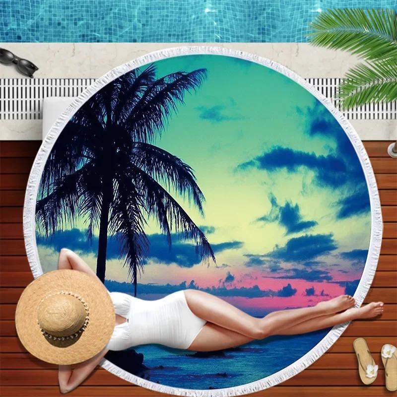 Summer Round Beach Towel Flamingo Tropical Plant With Drawstring Backpack Bag Bath Shower Towels Bikini Cover Up Pool Towel