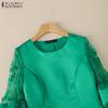 ZANZEA Women Casual Round Neck Embroidery Mesh Splice 3/4 Sleeve Satin Blouse