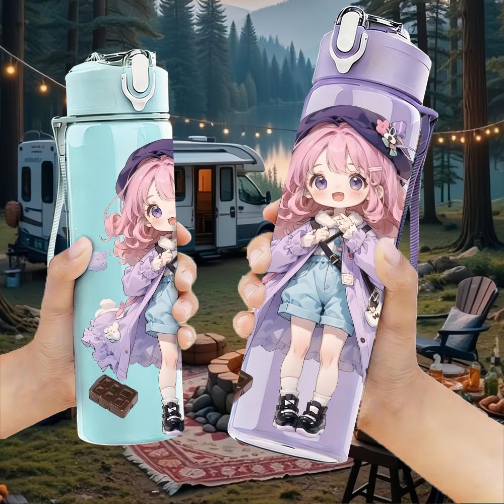 1PC Purple Hat Girl Soft Watercolor Pattern 750ml Color Plastic Sports Water Bottle Leakproof Flip Straw Lid Suitable for Sports Office Home Use