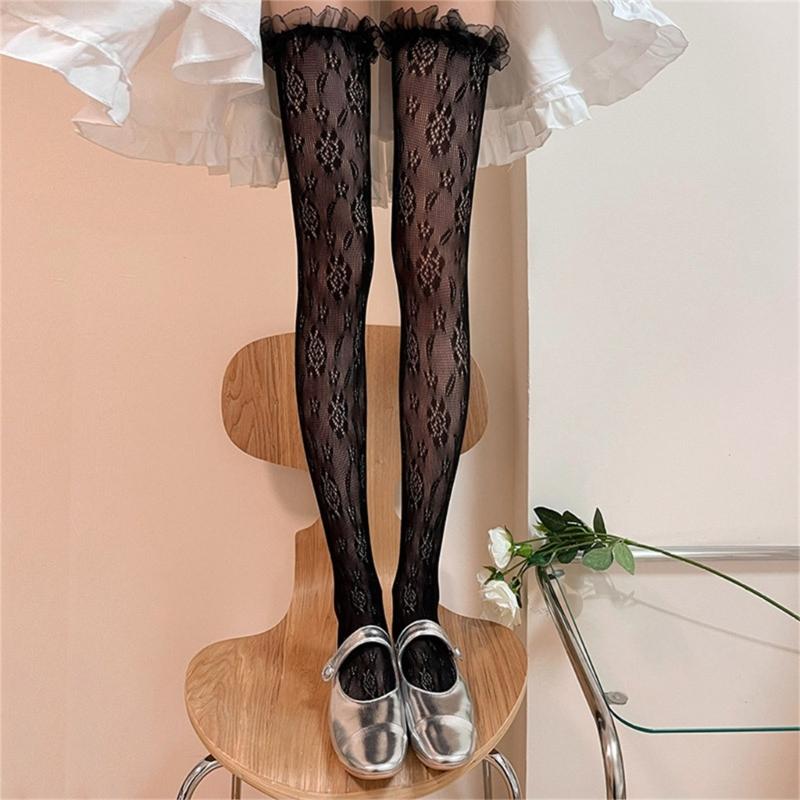 Japanese Fishnet Mesh Thigh High Stockings for Women Girl Flower Pattern Ruffle Lace Trim Frilly Over Knee Long Socks