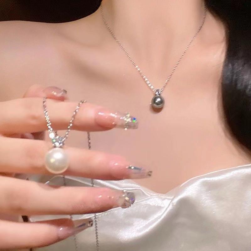 2024 New Fashion Single Gray Pearl Zircon Necklace for Women Simple Personalized Daily Accessory Party  Birthday Gifts