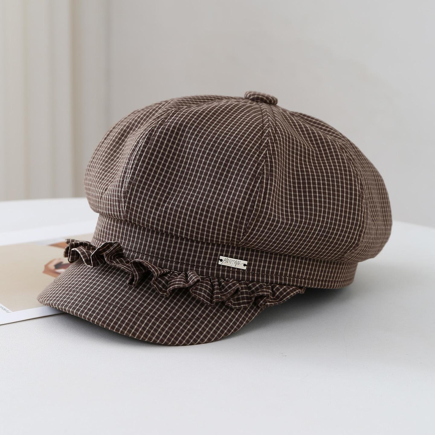 

Striped Plaid Octagonal Cap Women Beret, Spring Summer Lace Cute Thin Painter Hat Female Vintage New M