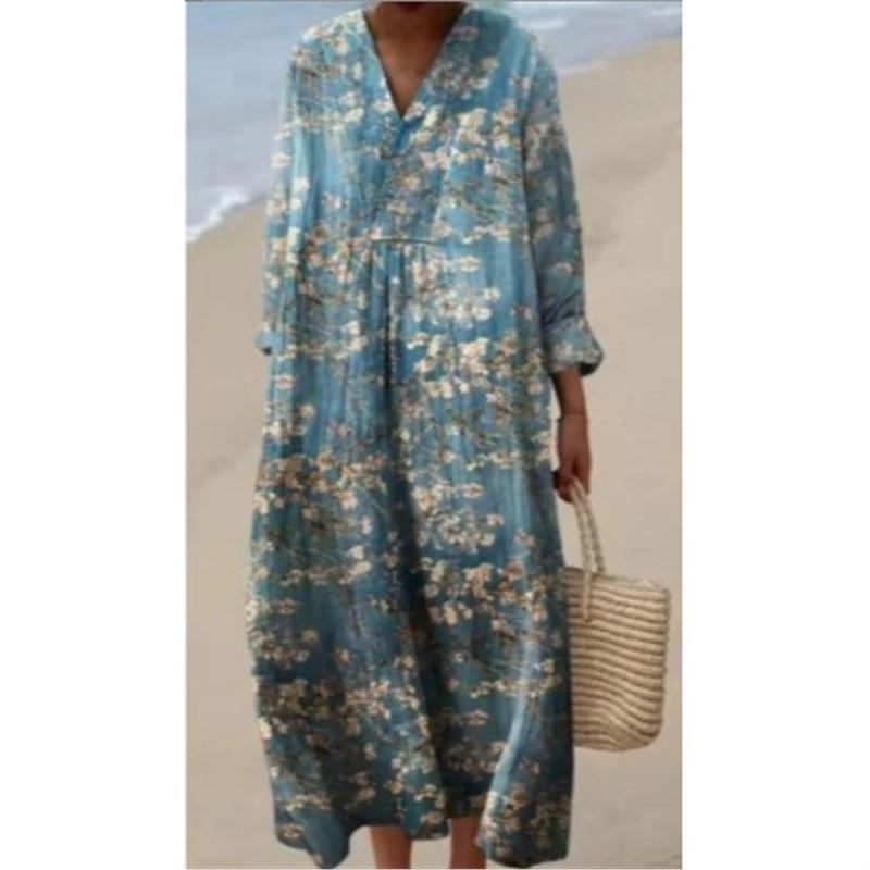 New 3D printing V-neck pullover fashion long dress independent station loose women s dress S