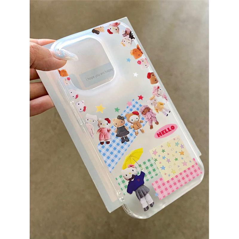 Bunte Karomuster Stern KT Katze Handyhülle für Apple 14/15, Transparent 16ProMax, Weich mit Kartenhalter