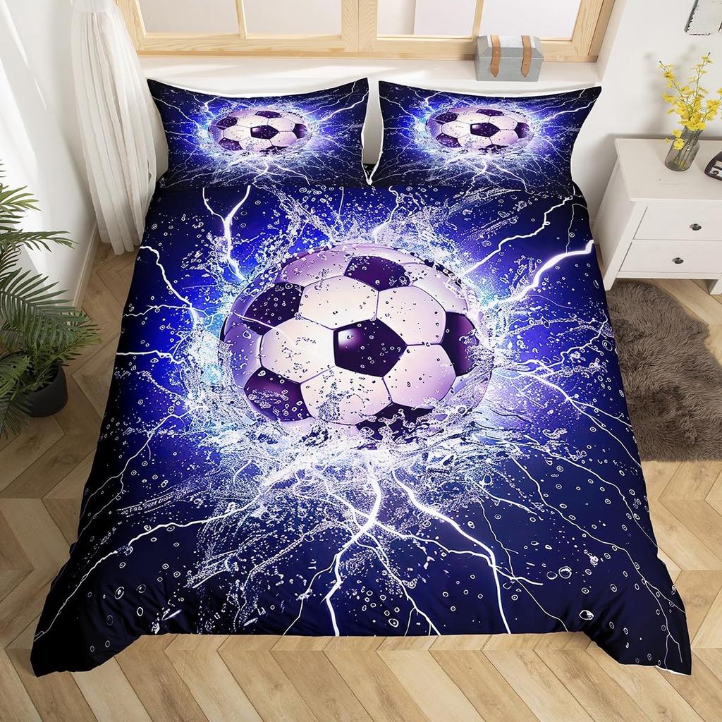 Reißverschluss mit Fußball-Bettbezug, Vollgröße, Fußball-Sport-Bettwäsche-Set, Jungen, Teenager, Ballspiel-Deckenbezug, Blauer Bettdeckenbezug, 3 Teile