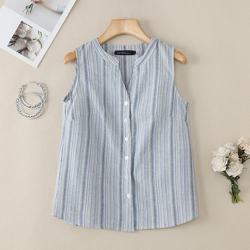 

ZANZEA Женские повседневные летние майки без рукавов в полоску с V-образным вырезом S синий