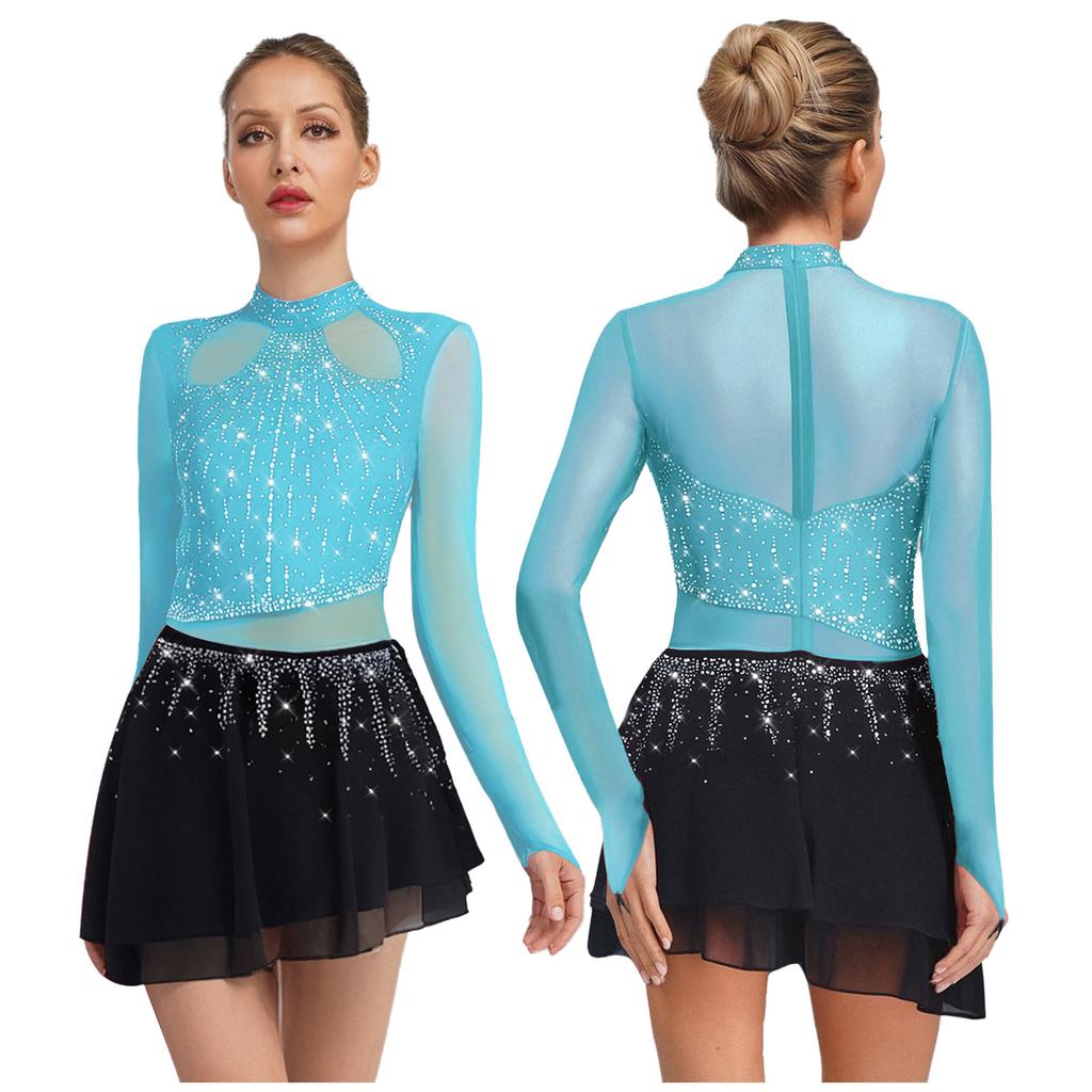 Långärmad Dansdräkt Klänning för Kvinnor Chiffongkjol Strass Scenuppträdande Kostym