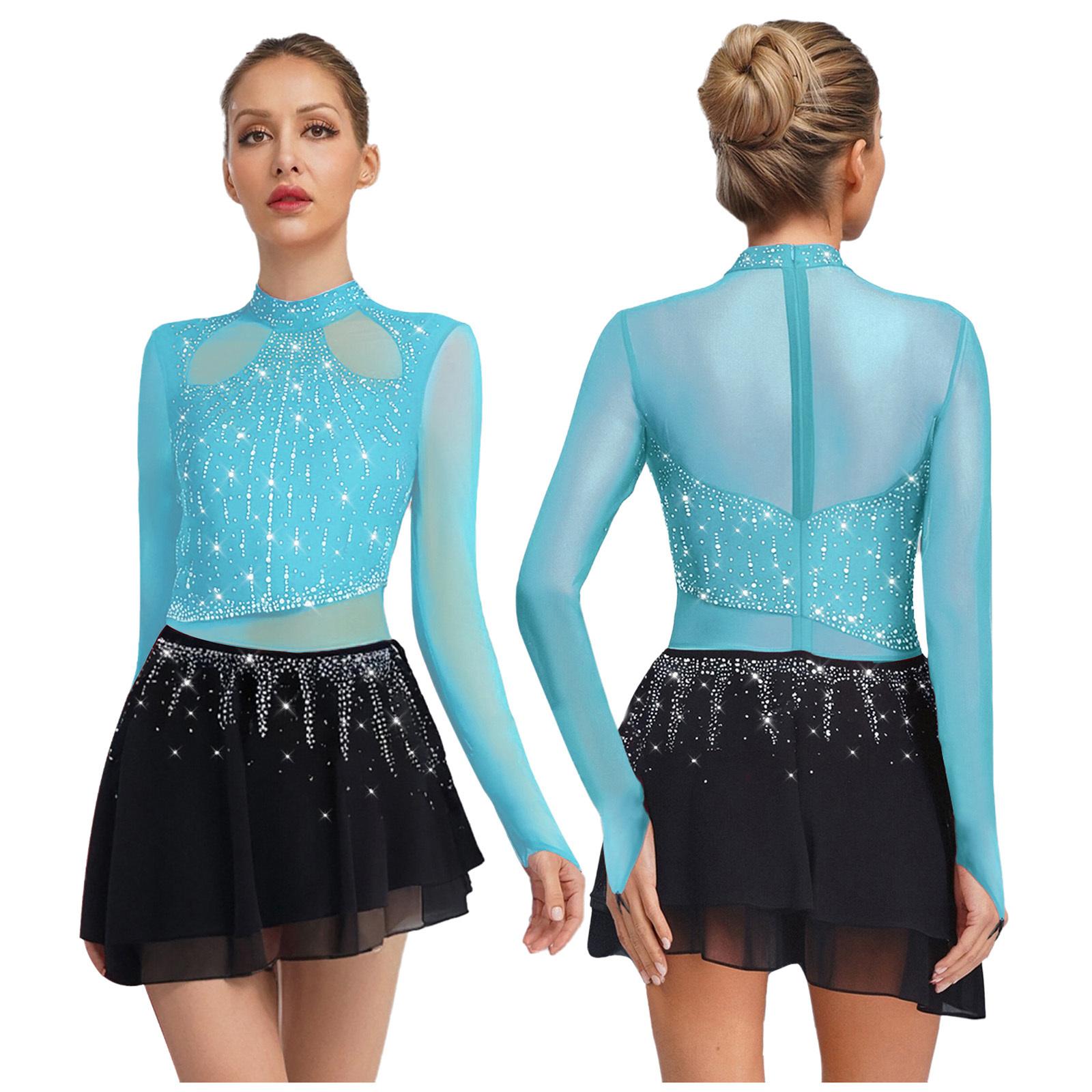 

Гімнастичний купальник-сукня зі стразами для жінок, з довгим рукавом та шифоновою спідницею, для ліричного та фігурного катання S світло-синій колір