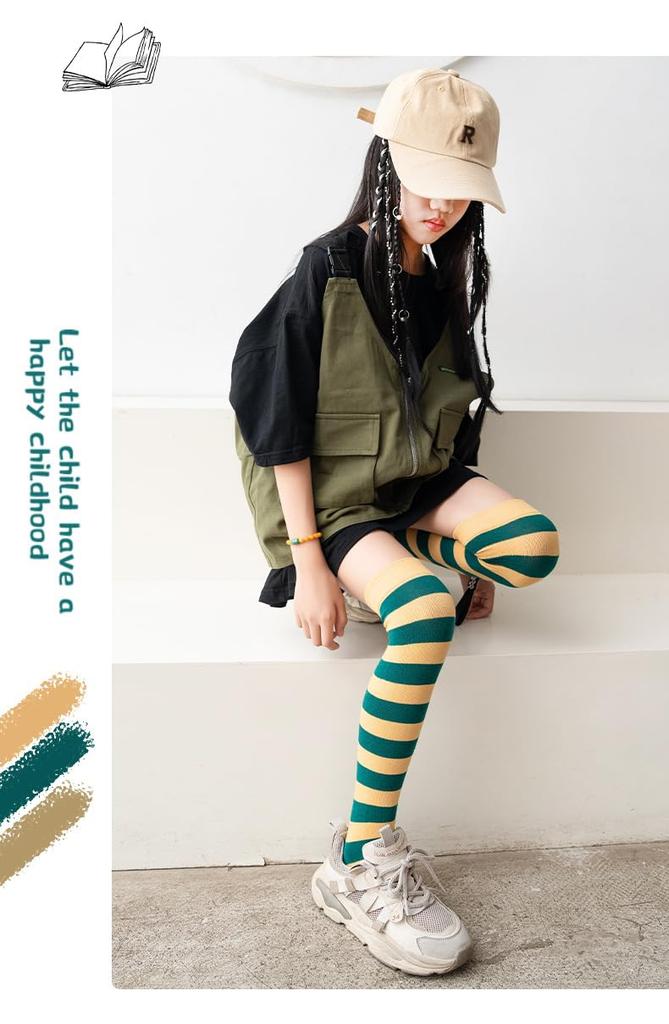 ZGKULAEAOW Striped Knee-High Socks for Kids, Striped and Bordered, for Boys and Girls, Knee-High Socks, Cosplay, Halloween Costume (M, Yellow)