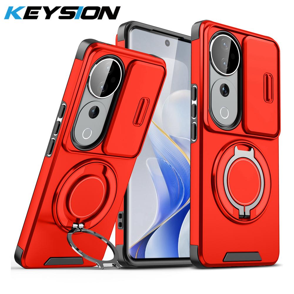 KEYSION 360°Rotating Ring Stand Phone Case for VIVO V40 Pro 5G Slide Camera Protection Magnetic Shockproof Cover for VIVO V40 5G