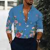Men Collared Shirt Gray Pink Floral Branch Print Long Sleeve Button Down Top