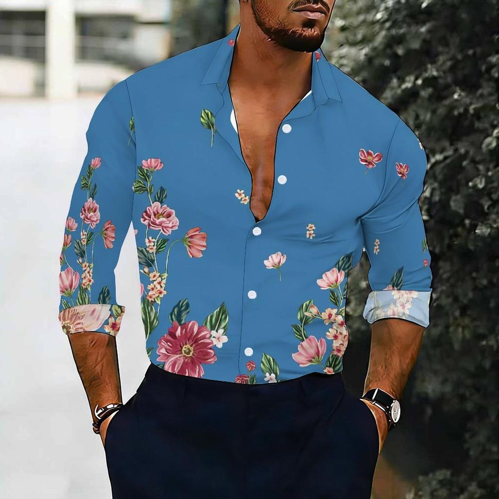 Men Collared Shirt Gray Pink Floral Branch Print Long Sleeve Button Down Top