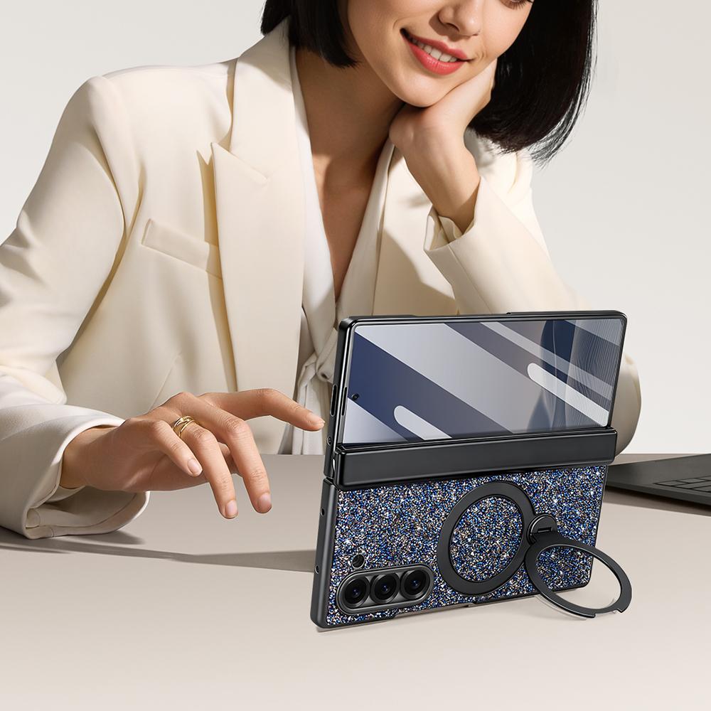 Luxury Girls Glitter Bling Faux Leather Plating Phone Case For Galaxy Z Fold 7/6 With Rotatable Holder, Anti-peeping Glass Film