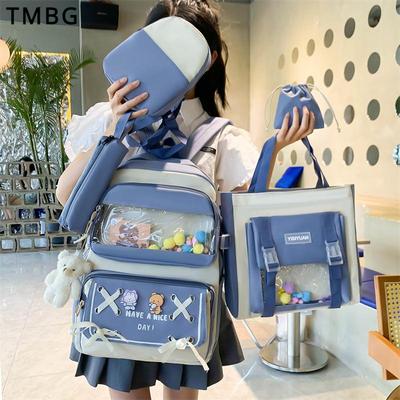 2025 New Student School Bags Korean Cute Cartoon Backpack High School Students 5 PCS Canvas Lightweight High Capacity Knapsack