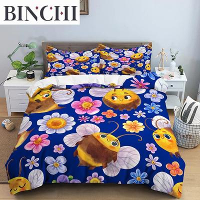 Cartoon Bee Duvet Cover King Queen Lovely Yellow Flying Animal Bedding Set for Boys Girls Beautiful Flowers Comforter Cover