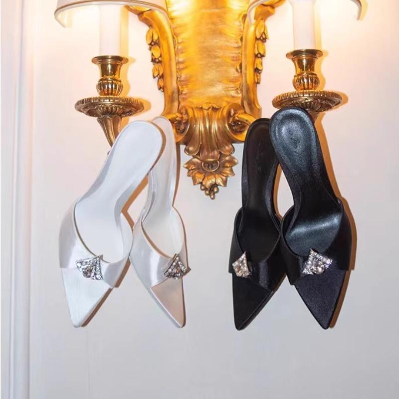 Fashion Pointy Crystal Satin Mules Women Sweet Peep Toe High Heels Elegant 2025 Summer Shoes Causal Ladies Outfit Luxury Silk Slippers