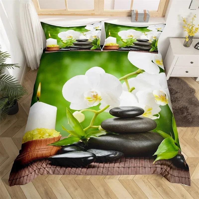 Comforter Zen Stones King Sandy Beach Bedding Set Microfiber Purple Phalaenopsis Comforter Meditation