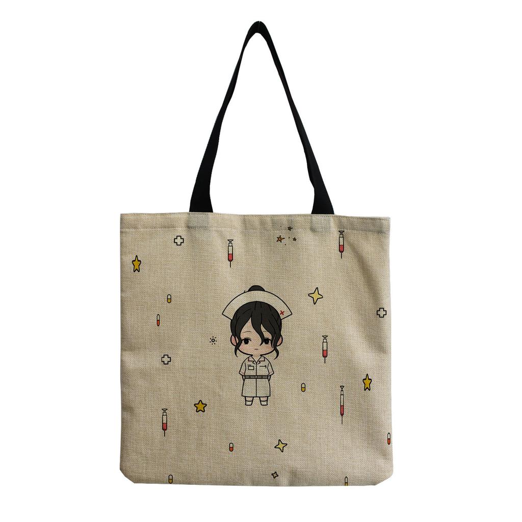 Damen Vintage Leinen-Tragetasche - Große Kapazität Krankenschwester-Print Schulter-Handtasche für Freizeit & Lebensmitteleinkauf KTB