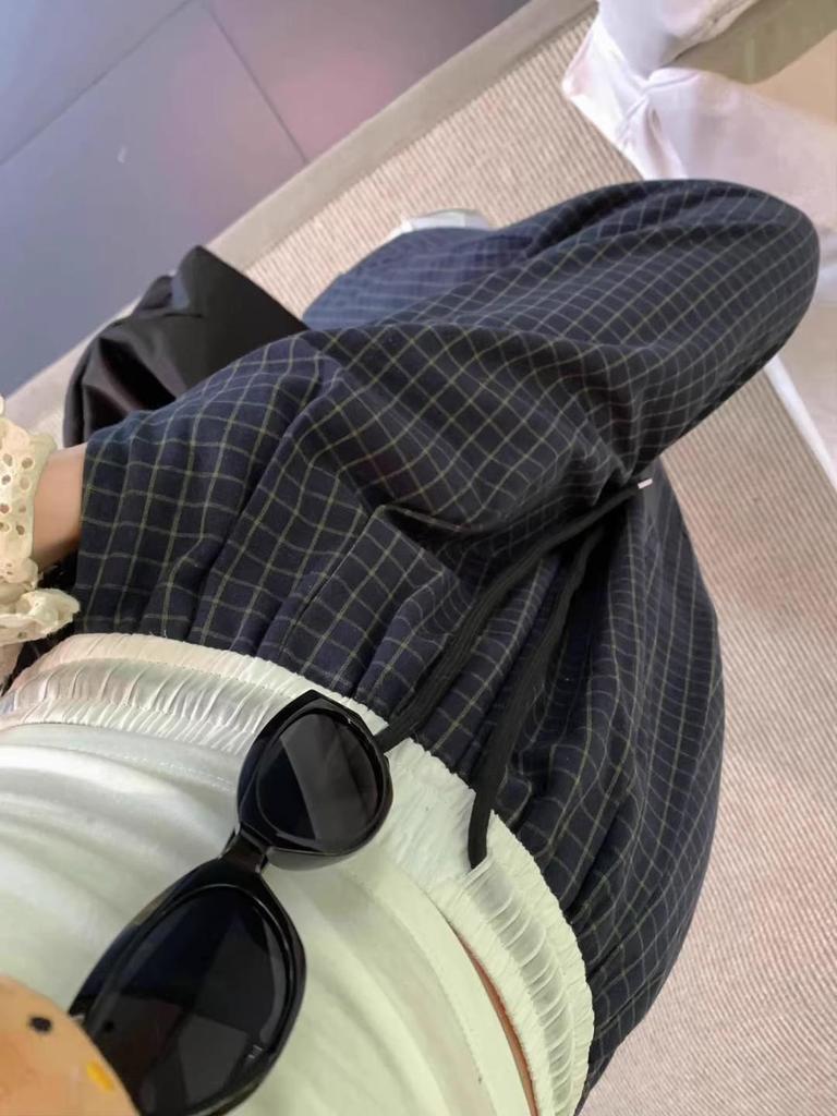 Petite 150cm American Color Block Plaid Wide-Leg Thin Summer Trousers - Women's Straight-Leg Sporty Casual Pants