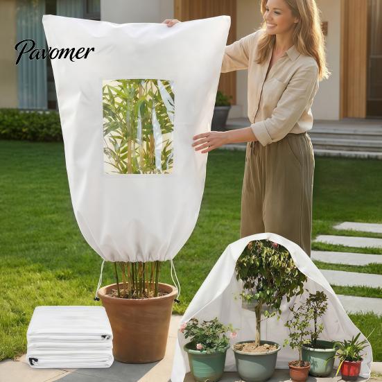 Winter Garden Plant Shield Cover, Drawstring Freeze Protection Bag with Window, Non-woven Outdoor Fruit Tree Fabric Frost Blanket for Potted