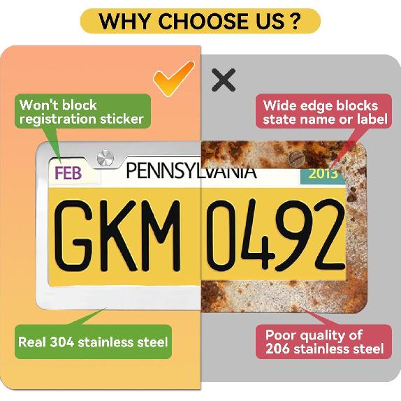 Mirror Polished Heavy Duty Stainless Steel License Plate Frame With Chrome Screw Caps, 2 Holes Rust-Proof Chrome-Like Finish Stainless Steel License