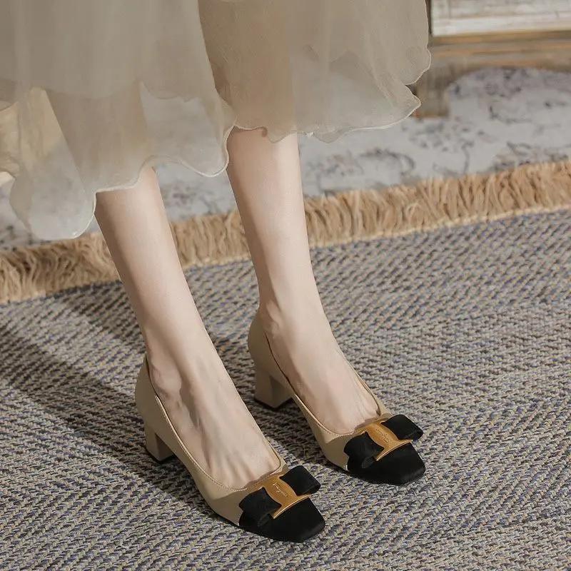 Fashion Luxury Leather Casual Metal Decoration Shoes For Women Woman Footwear Chunky Heels Square Toe Block Heel With Medium Young L A E