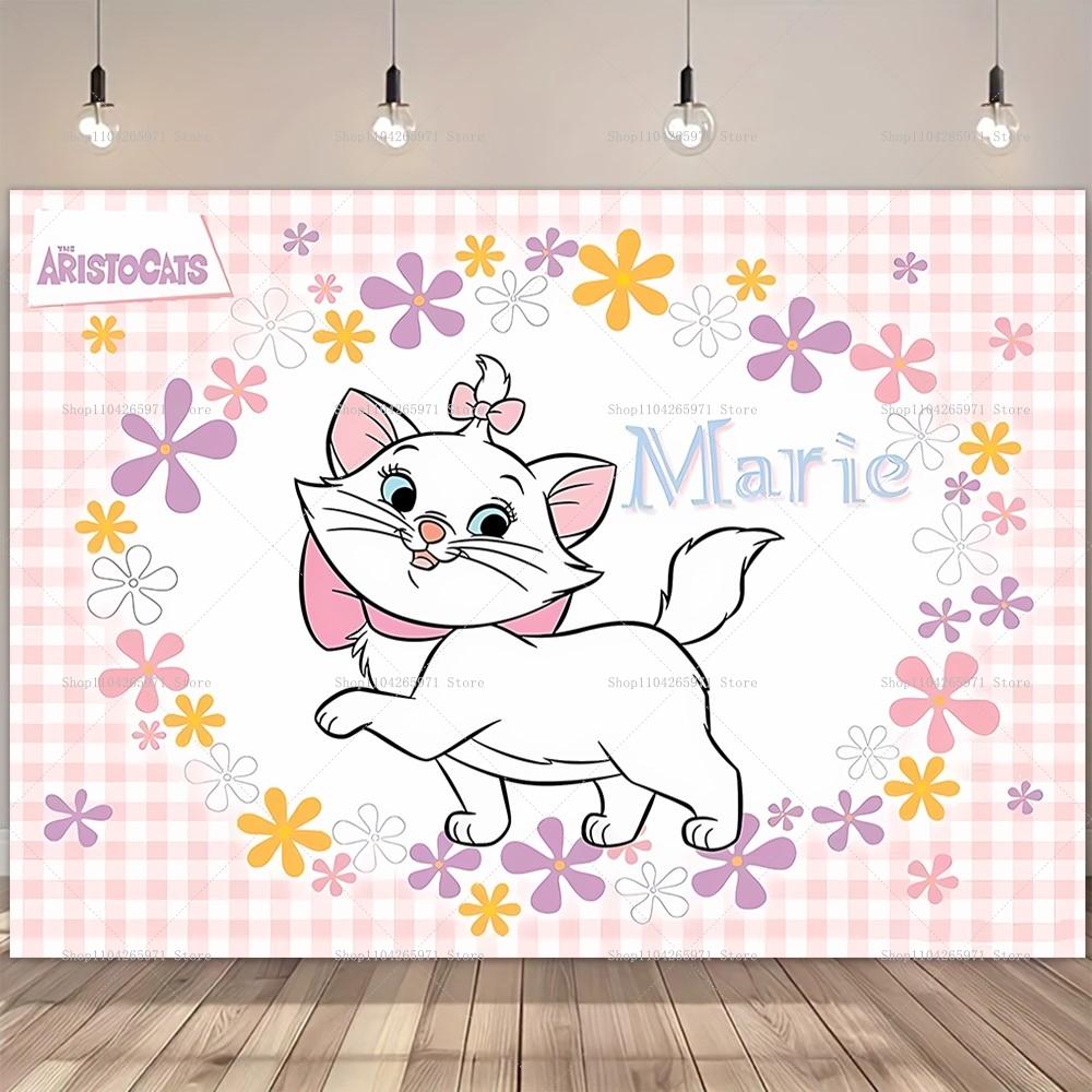 Cute Pink Marie Cat The Aristocats Theme Baby Shower Girl Birthday Party Decoration Background Cute Striped Custom Photo Studio