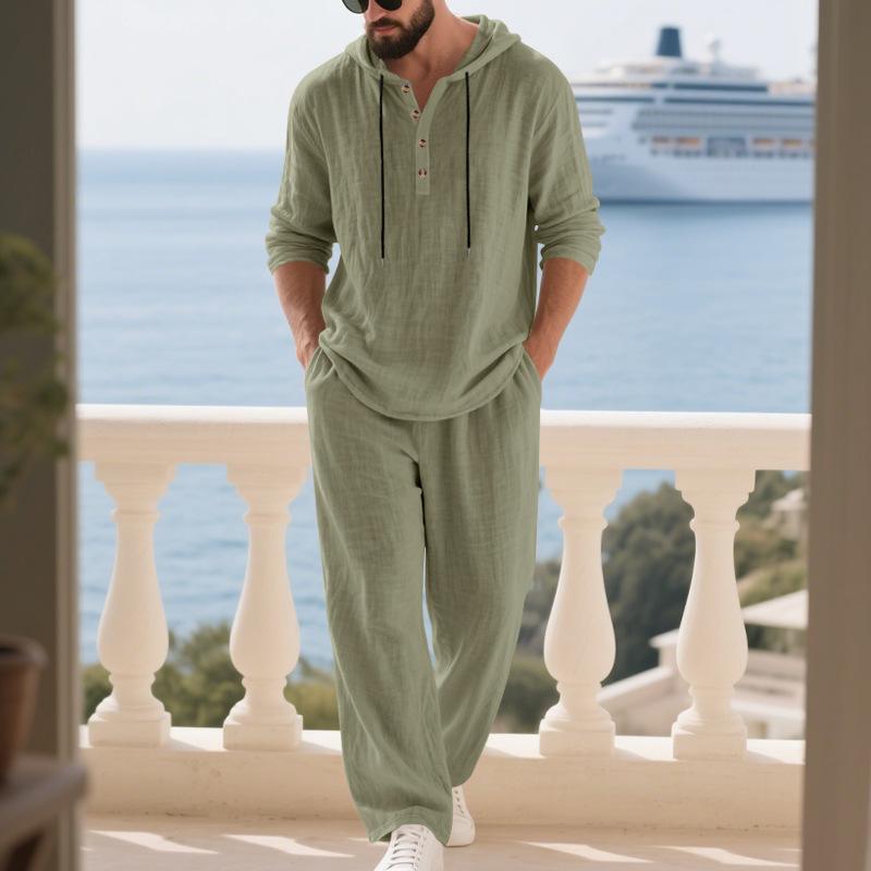 Cross-border Autumn Linen Men's Casual Suit Loose Hooded Henley Shirt Long Sleeve Pants Suit