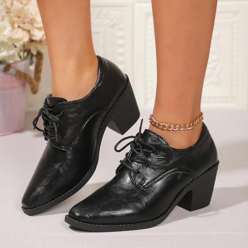 Fashion Spring New Coarse Heel Shoes Women's Fashion Pointed Head Deep Mouth Front Lacing Non-slip Soft Sole Low Top Shoes