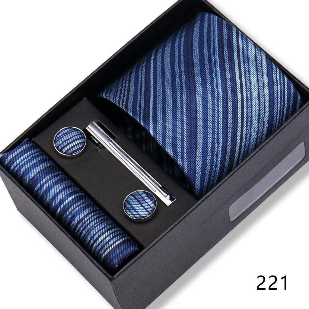 Men's Black & Wine Red Striped Plaid Tie Set with Pocket Square - Formal Wedding Gift Box